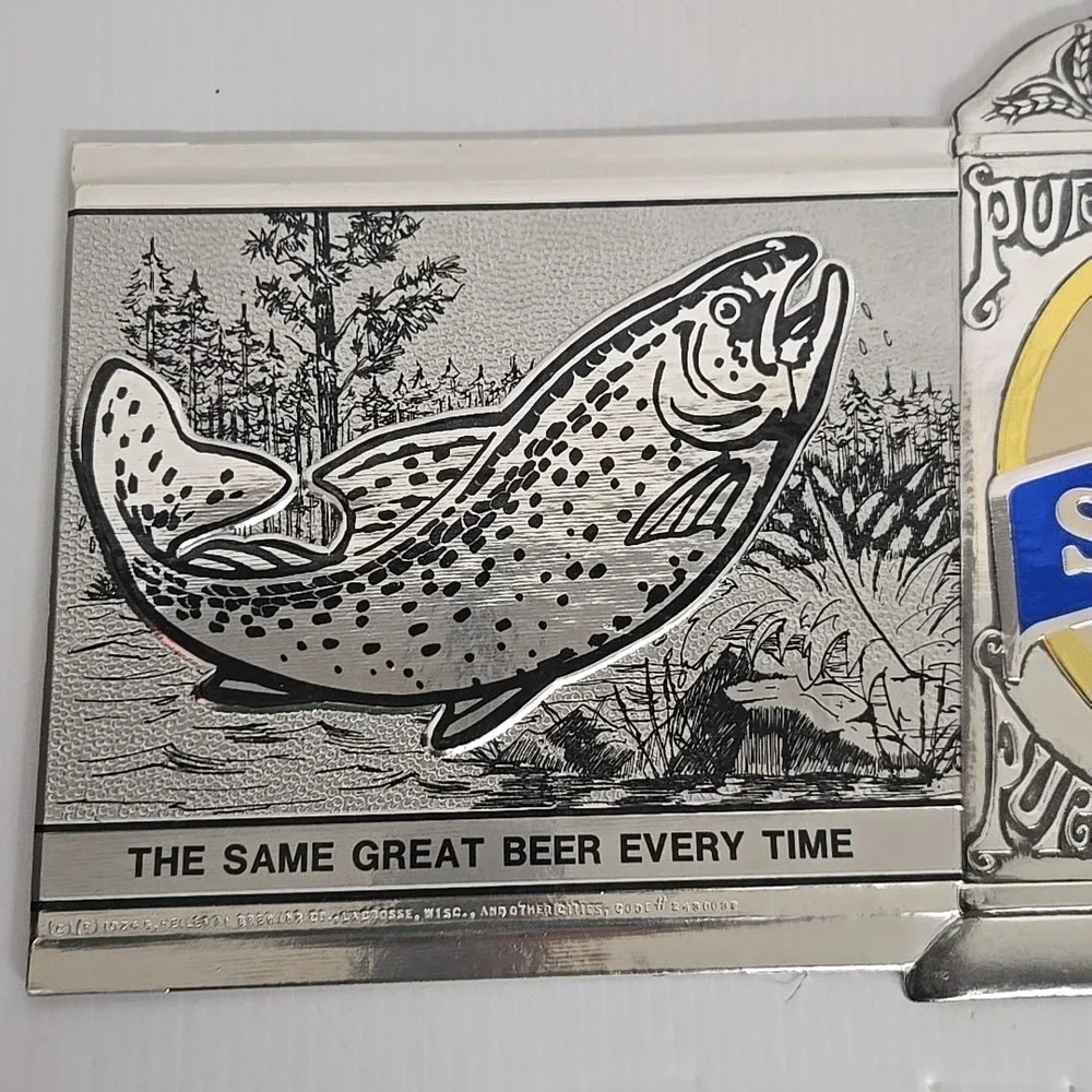 1974 STERLING Pure Beer Bass Fish Embosograph Metallic Sign Heileman‎ Brewing